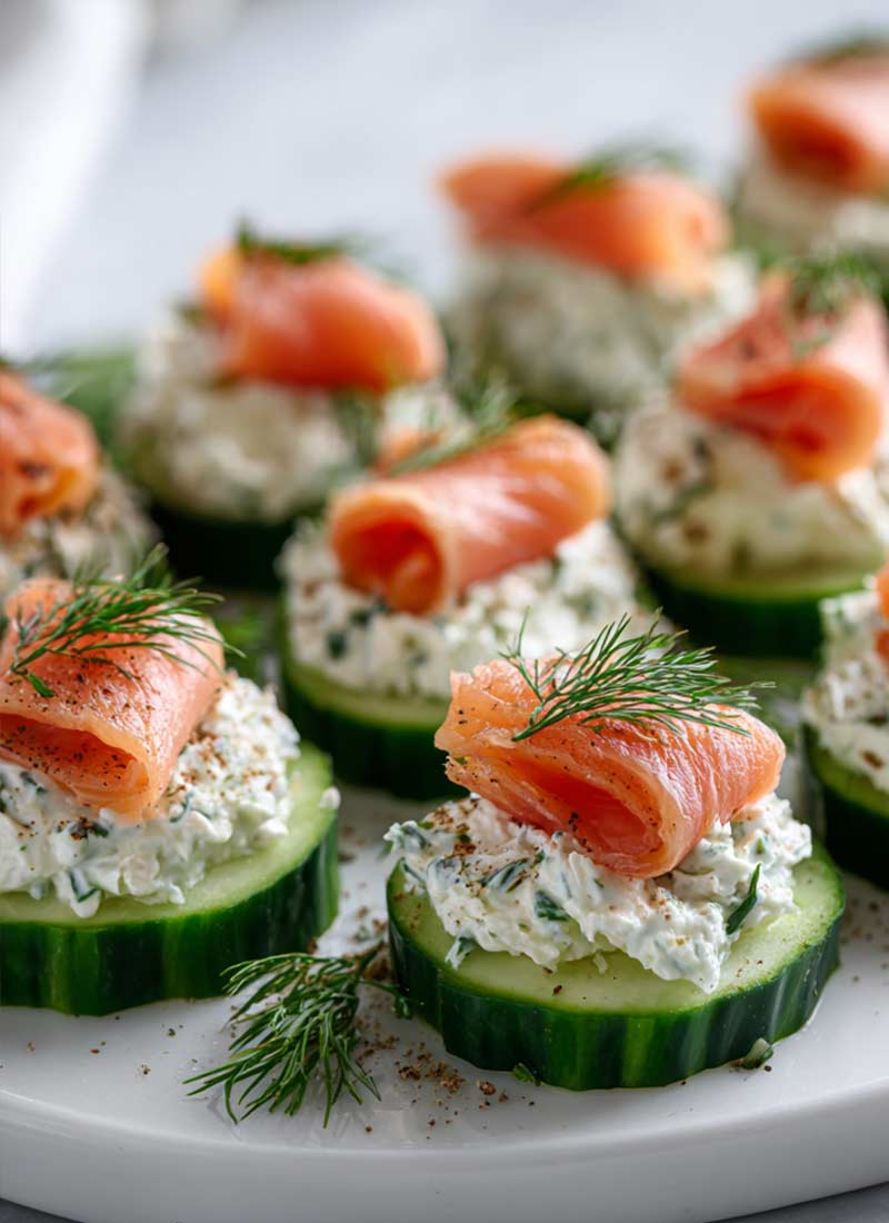 Cucumber bites with smoked salmon and herb cheese